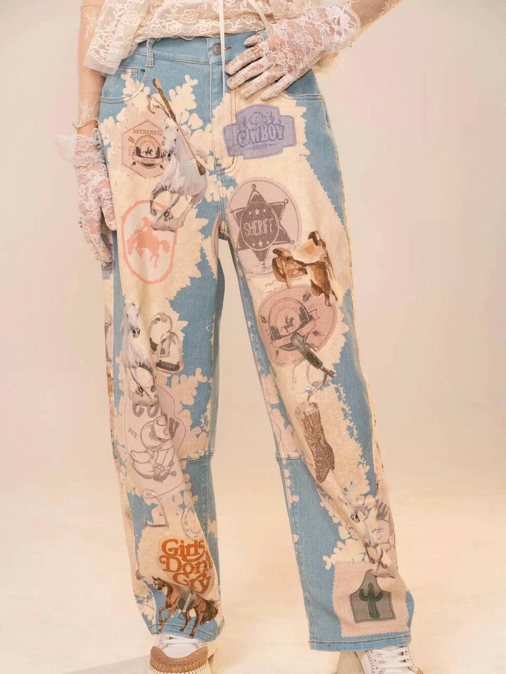 NEW BLUE B western motif patch loose jeans in multicolor